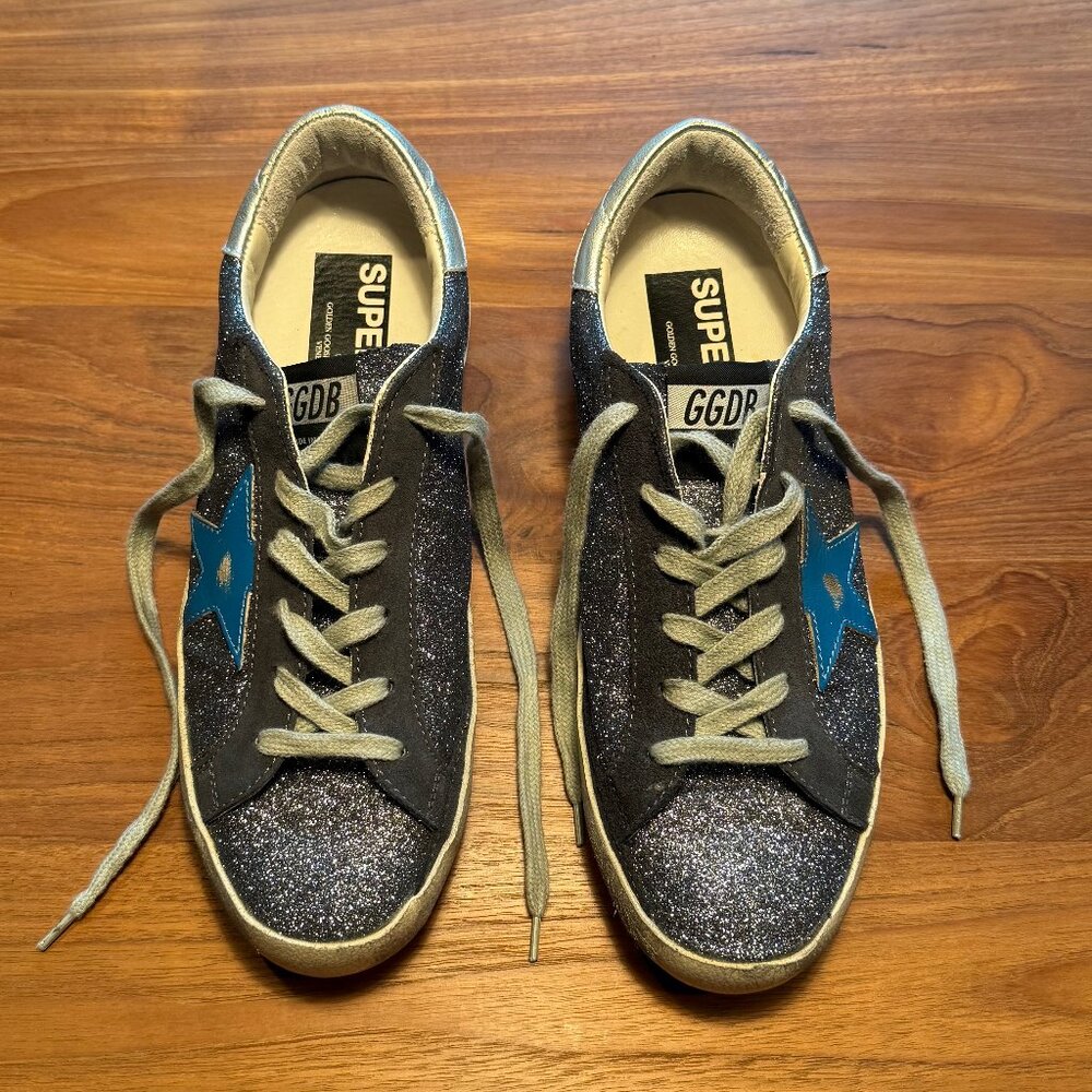 Golden Goose GGDB Women's Super Star Grey‎ Glitter Sneakers with Blue Star EU 40